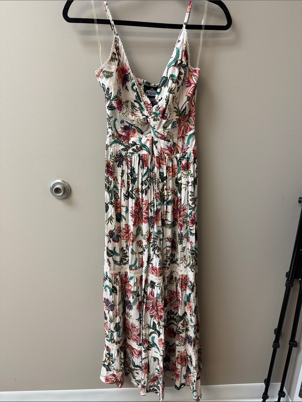 NWT Angie Cream Floral Maxi Dress with Pink & Green Print - Size Small